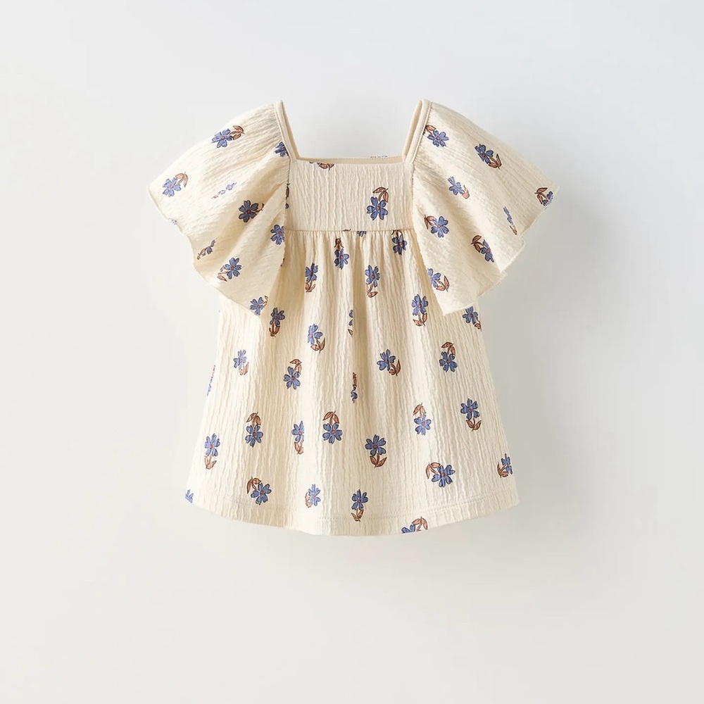 Zara Cream Blouse with Blue Floral Design